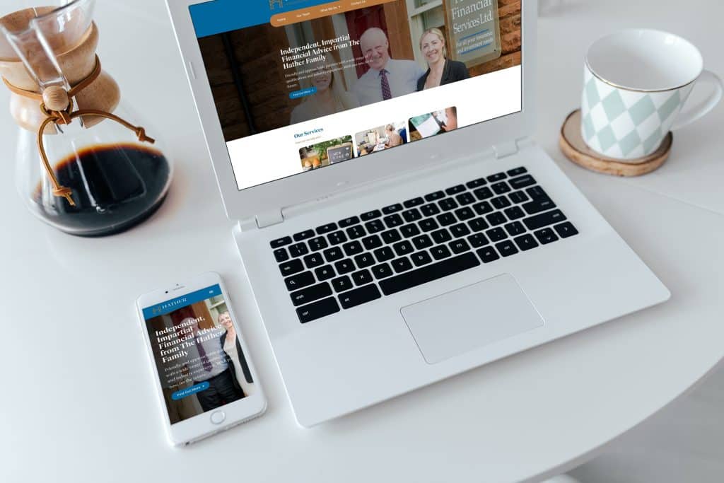 Hather financial services mockup on laptop and mobile