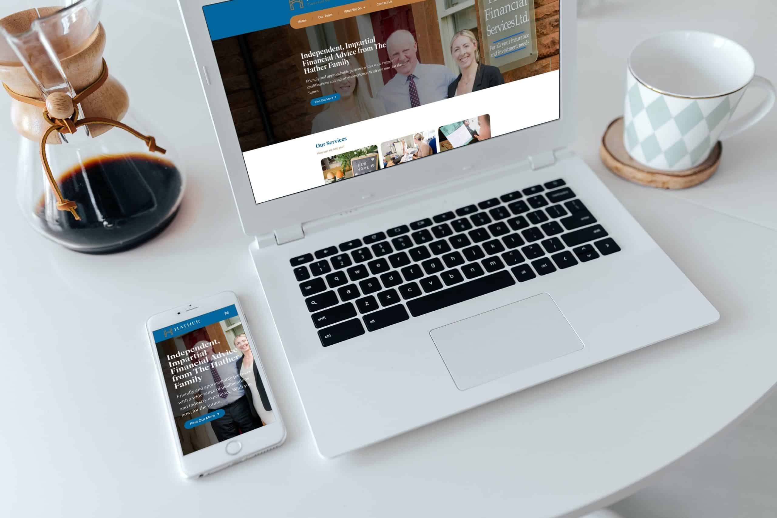 Hather financial services mockup on laptop and mobile